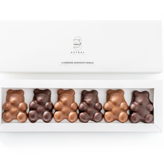 Coffret de 6 oursons guimauve vanille Enrobés de chocolat noir et lait