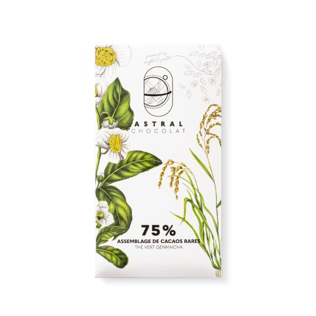 Assemblage de cacaos rares 75%  Thé vert japonais genmaicha